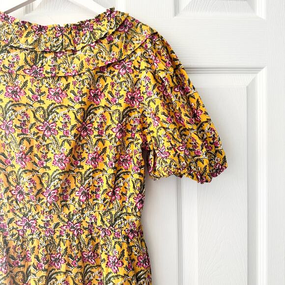 Rahi Yellow Floral Del Sole Chiara Puff Sleeve Ruffle V Neck Mini Dress Cotton S - Picture 10 of 12